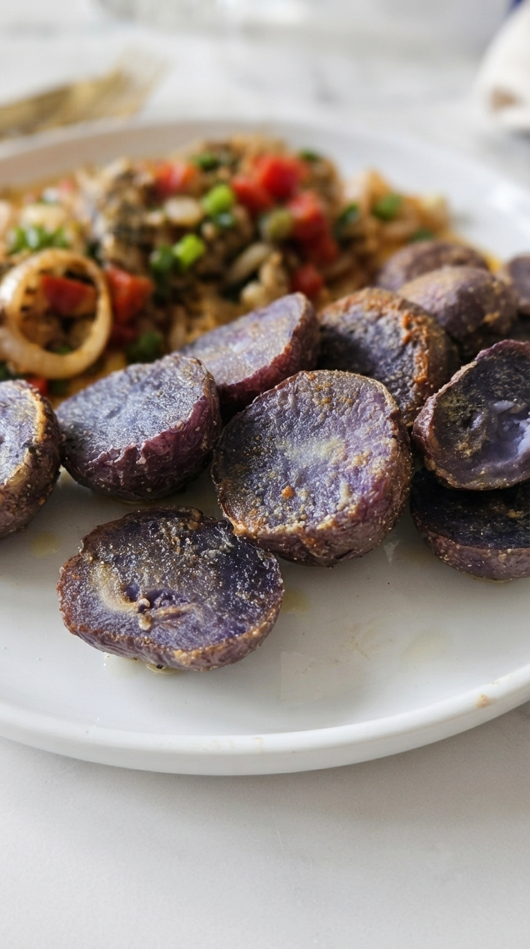 One-Pan Sardines with Purple Potatoes & Vegetables Recipe Card Everyday Wellness