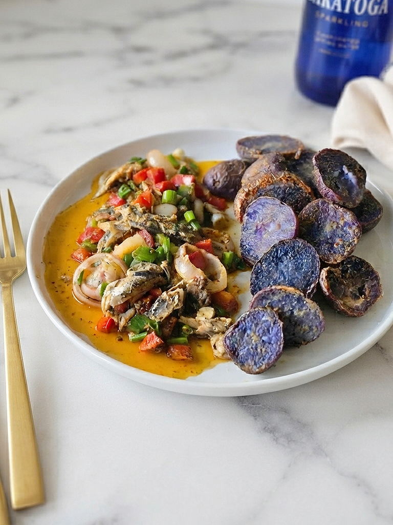 One-Pan Sardines with Purple Potatoes & Vegetables Recipe Card Everyday Wellness