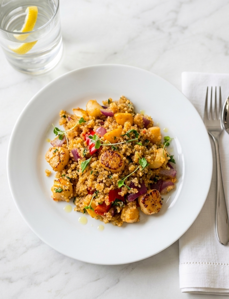 Quinoa with Scallops Healthy High Protein Seafood Dinner Recipe Card