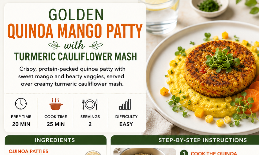 Golden Quinoa Mango Patties with Turmeric Cauliflower Mash | High-Protein Vegan Dinner, Gluten-Free & Anti-Inflammatory Recipe