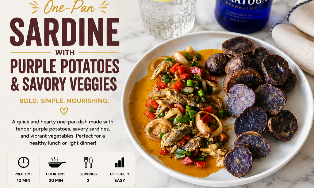 One-Pan Sardines with Purple Potatoes & Vegetables Recipe Card Everyday Wellness