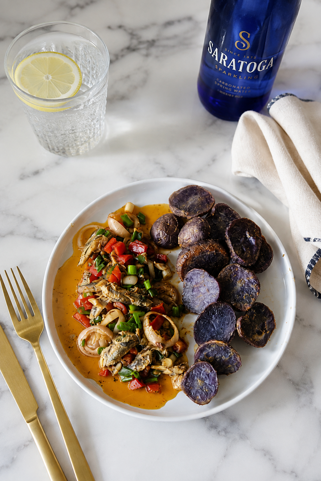 One-Pan Sardines with Purple Potatoes & Vegetables Recipe Card Everyday Wellness