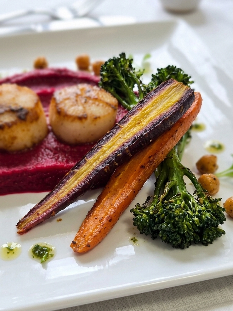 Seared Scallops with Beet & Sweet Potato Purée | Healthy Mediterranean Seafood Dinner Recipe Card | Printable Digital Download