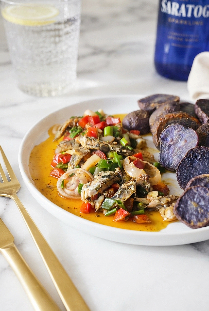 One-Pan Sardines with Purple Potatoes & Vegetables Recipe Card Everyday Wellness