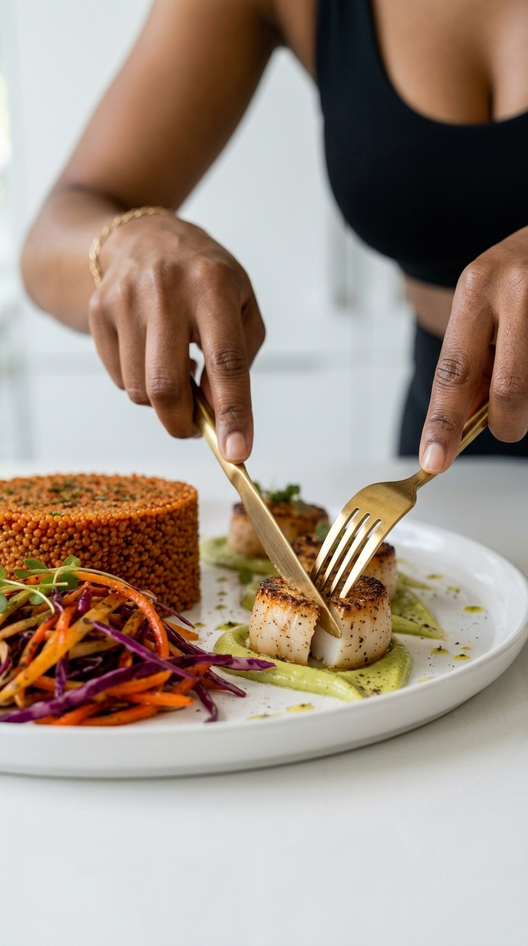 Smoky Paprika Couscous with Seared Scallops & Avocado Herb Purée | Healthy Mediterranean Seafood Dinner Recipe Card