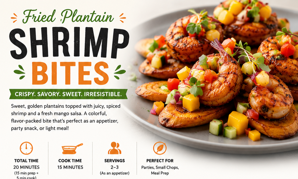 Healthy Fried Plantain Shrimp Bites Recipe Card | Easy Seafood Appetizer