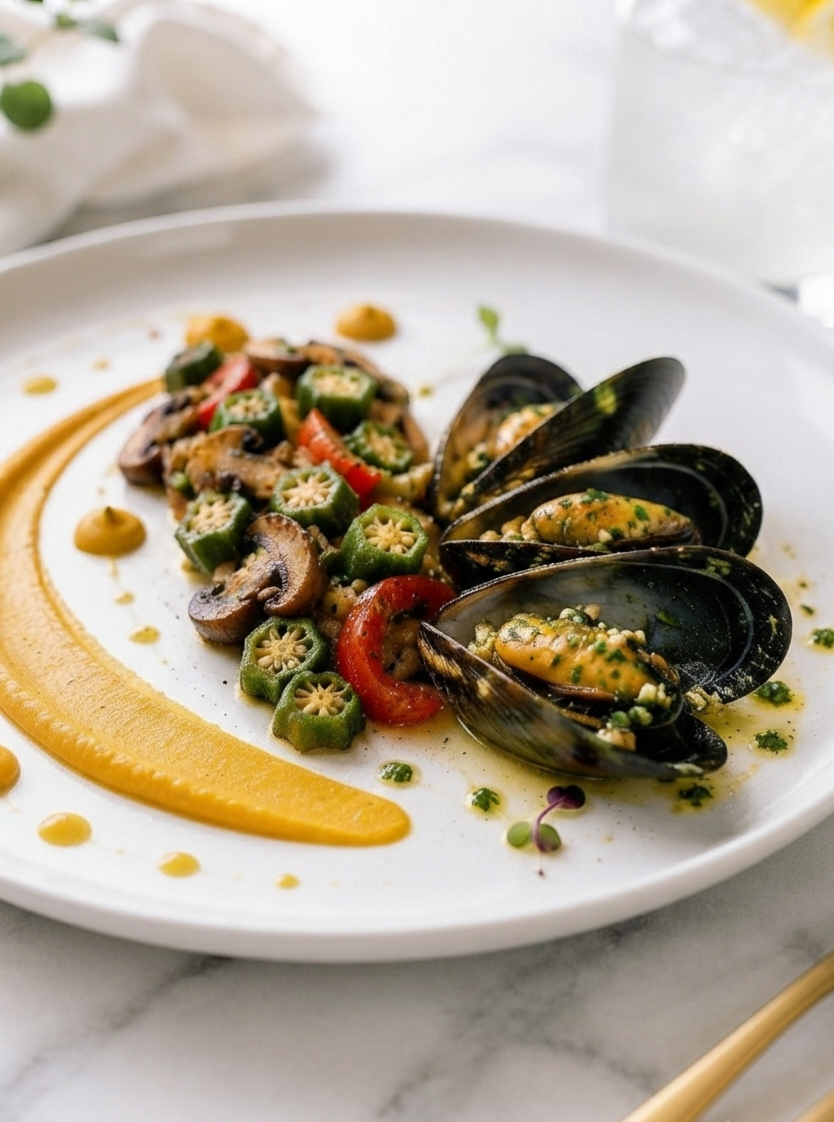 Garlic Herb Mussels with Mushroom & Okra Sauté Recipe Card Everyday Wellness