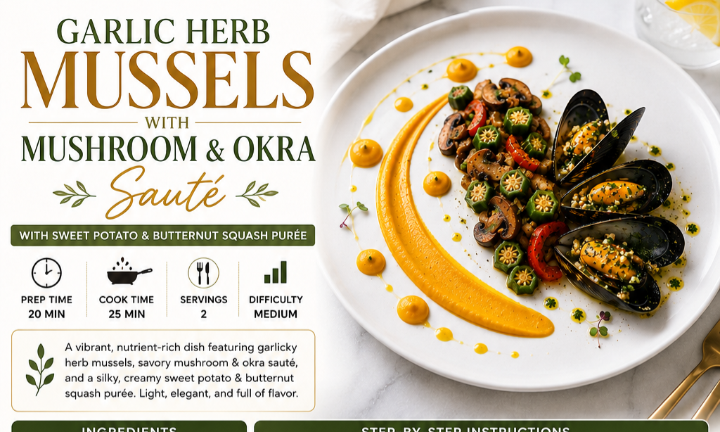 Garlic Herb Mussels with Mushroom & Okra Sauté Recipe Card Everyday Wellness