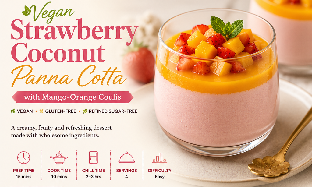Vegan Strawberry Coconut Panna Cotta with Mango Orange Coulis | Healthy Refined Sugar-Free Gluten-Free Dessert Recipe Card