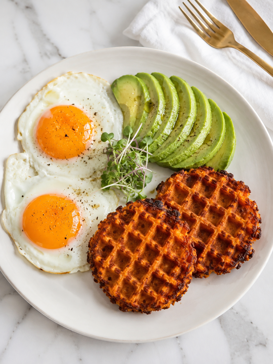 Crispy Sweet Potato Waffle Breakfast Recipe, Healthy High Protein Breakfast with Eggs & Avocado Everyday Wellness