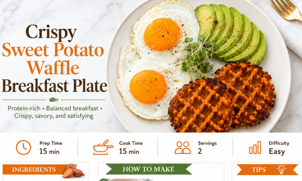 Crispy Sweet Potato Waffle Breakfast Recipe, Healthy High Protein Breakfast with Eggs & Avocado Everyday Wellness