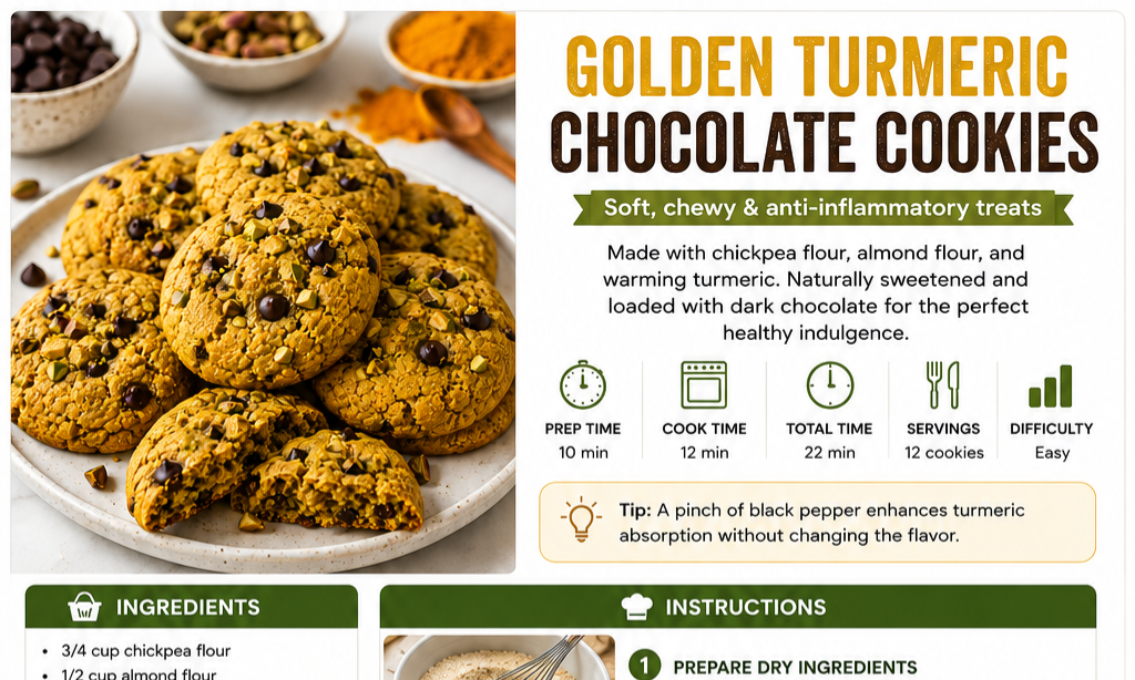 Healthy Golden Turmeric Chocolate Anti-Inflammatory Cookies Recipe Card