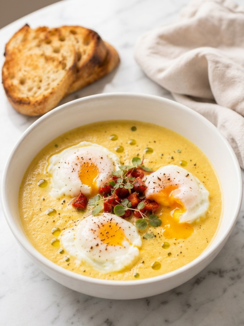 Chickpea Coconut Breakfast Soup with Poached Eggs