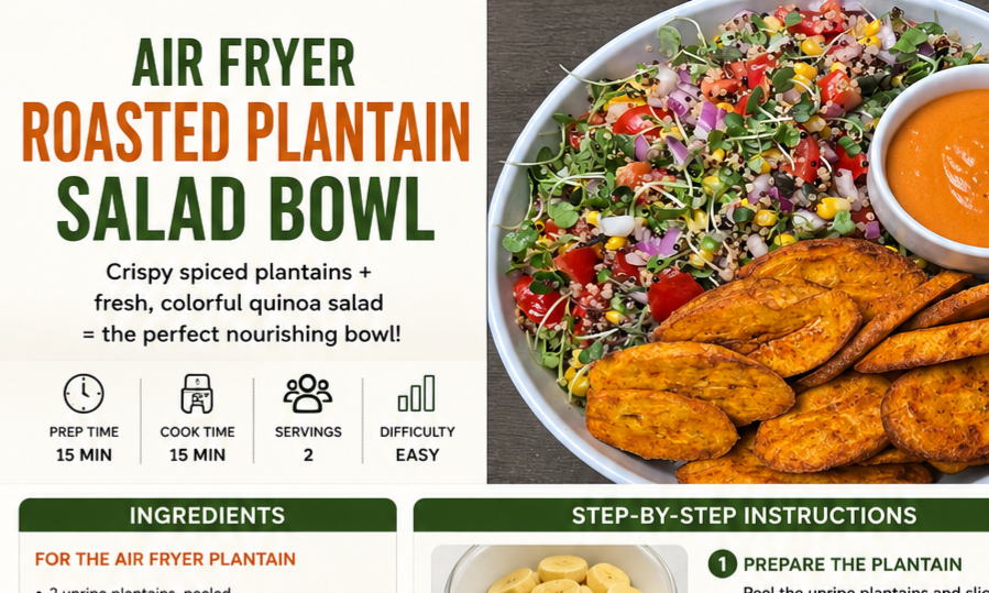 Air Fryer Roasted Plantain Quinoa Salad Bowl Vegan Recipe Card