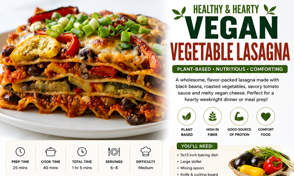 A promotional graphic for a vegan vegetable lasagna recipe or meal plan. The left side shows a plated layered lasagna with cheese, green onions, and vegetables.