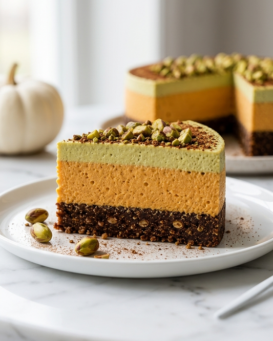 A slice of layered pumpkin pie cheesecake with a dark chocolate base, orange pumpkin layer, and light green layer, topped with chopped pistachios, served on a white plate.