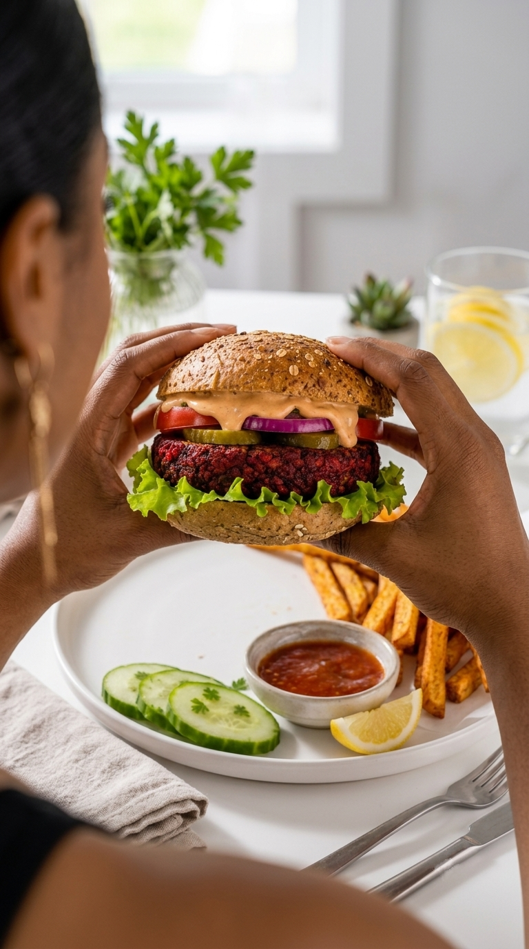 Vegan Lentil Beet Burger with Crispy Plantain Fries | High-Protein Plant-Based Burger Recipe Card | Healthy Lunch & Dinner