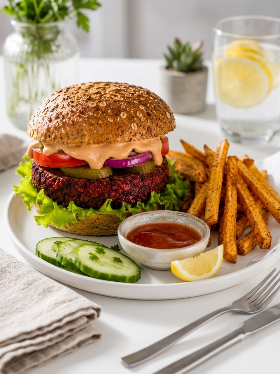 Vegan Lentil Beet Burger with Crispy Plantain Fries | High-Protein Plant-Based Burger Recipe Card | Healthy Lunch & Dinner