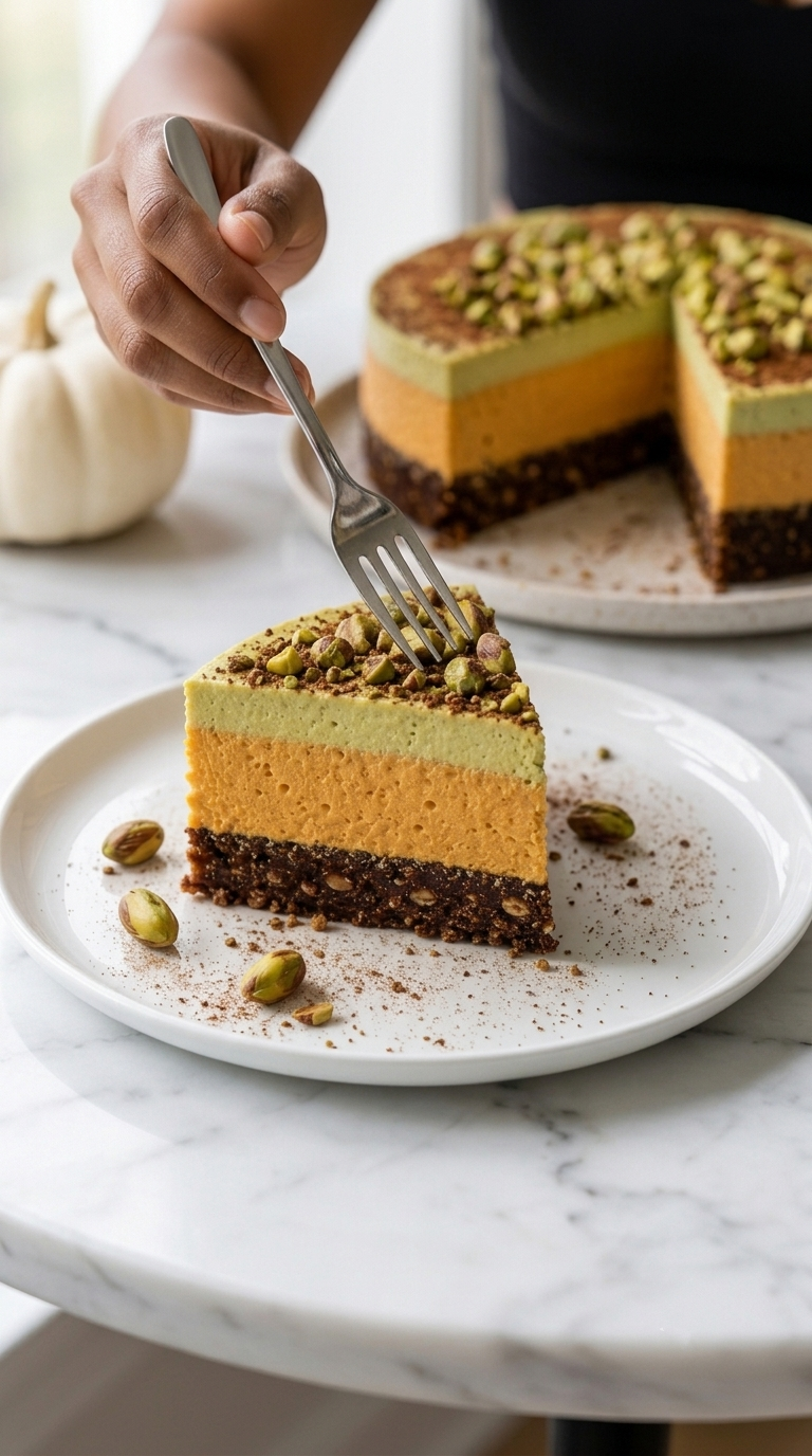 A slice of layered pumpkin pie cheesecake with green pistachio topping is shown on a white plate, with a hand holding a fork about to take a bite. The whole cake sits on a plate in the background on a white marble table.