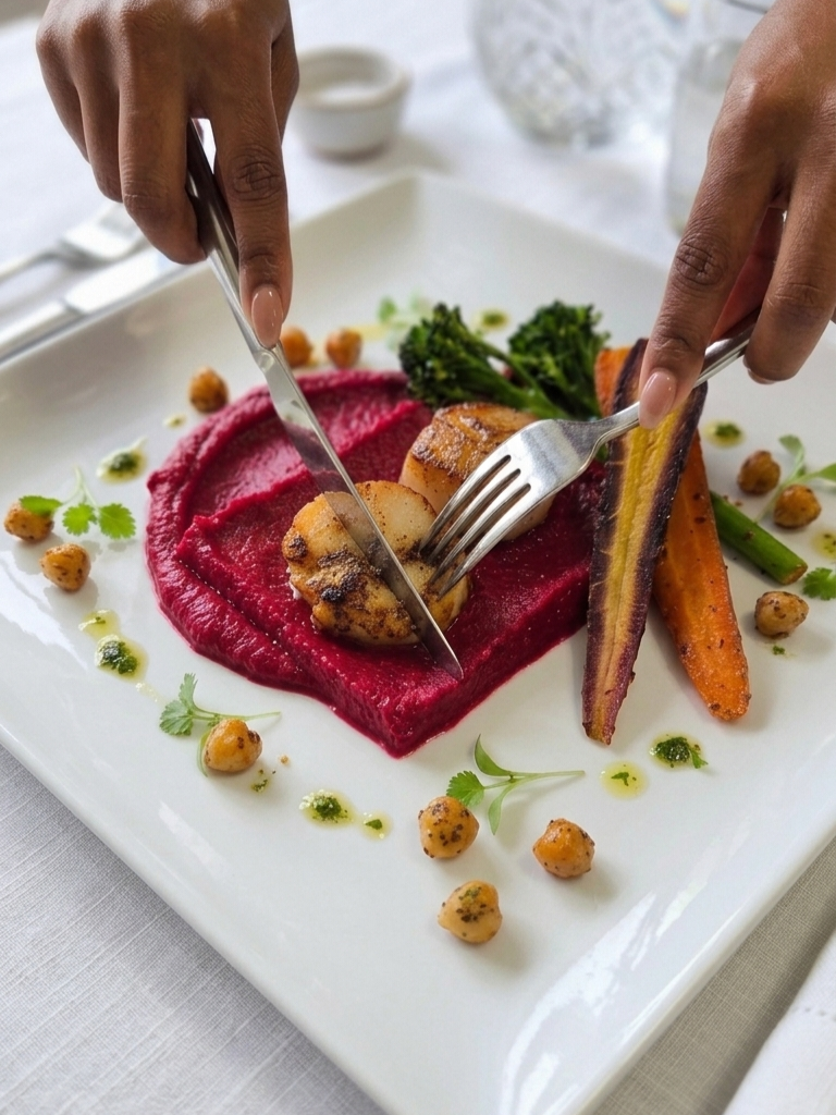 Seared Scallops with Beet & Sweet Potato Purée | Healthy Mediterranean Seafood Dinner Recipe Card | Printable Digital Download