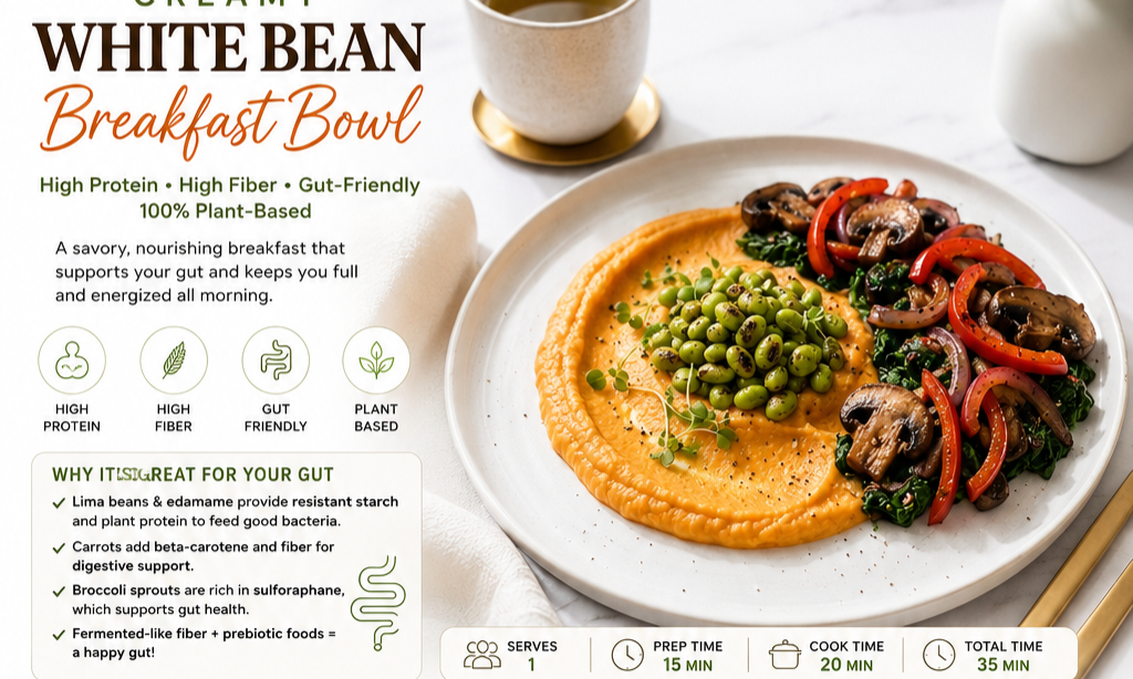 Creamy White Bean Breakfast Bowl Recipe Card | High-Protein Vegan Breakfast Everyday Wellness