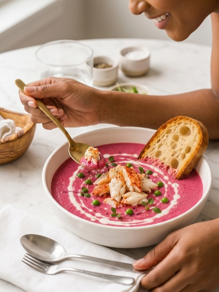 Creamy Beetroot Chickpea Soup with Crab | Healthy Seafood Soup Recipe | Anti-Inflammatory Cozy Dinner | Printable Digital Recipe Card