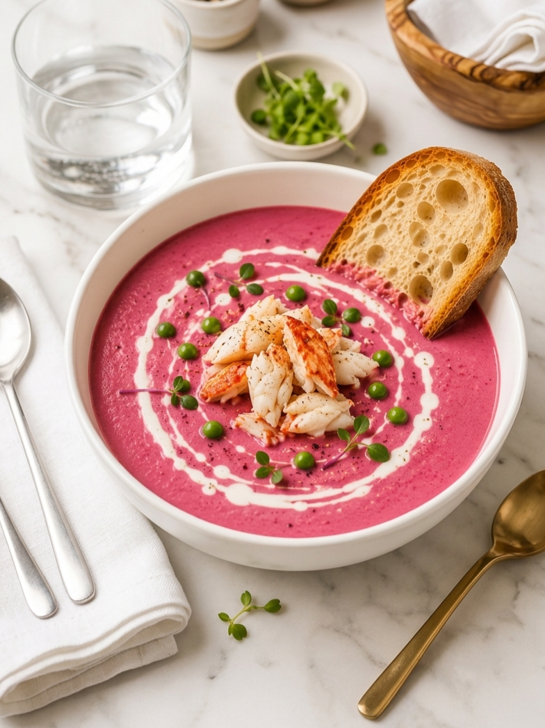 Creamy Beetroot Chickpea Soup with Crab | Healthy Seafood Soup Recipe | Anti-Inflammatory Cozy Dinner | Printable Digital Recipe Card