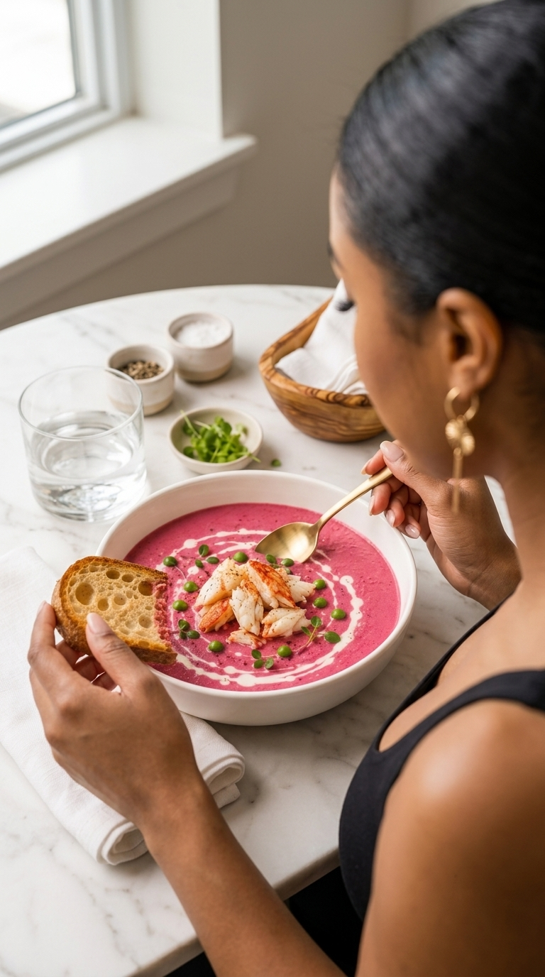 Creamy Beetroot Chickpea Soup with Crab | Healthy Seafood Soup Recipe | Anti-Inflammatory Cozy Dinner | Printable Digital Recipe Card