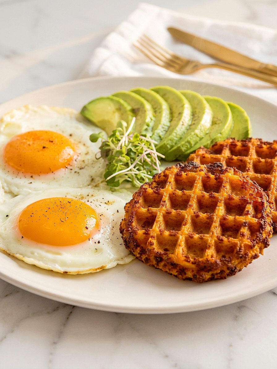 Crispy Sweet Potato Waffle Breakfast Recipe, Healthy High Protein Breakfast with Eggs & Avocado Everyday Wellness