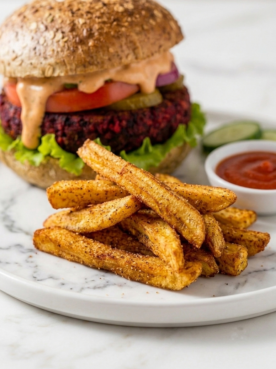 Vegan Lentil Beet Burger with Crispy Plantain Fries Recipe Everyday Wellness