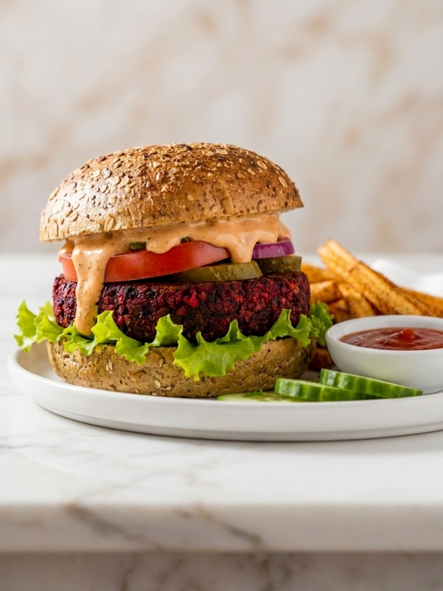 Vegan Lentil Beet Burger with Crispy Plantain Fries Recipe Everyday Wellness