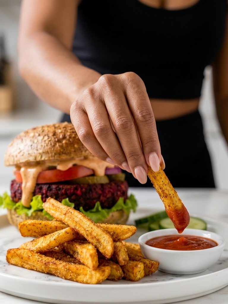 Vegan Lentil Beet Burger with Crispy Plantain Fries Recipe Everyday Wellness