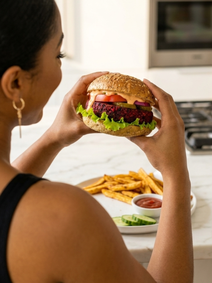 Vegan Lentil Beet Burger with Crispy Plantain Fries Recipe Everyday Wellness